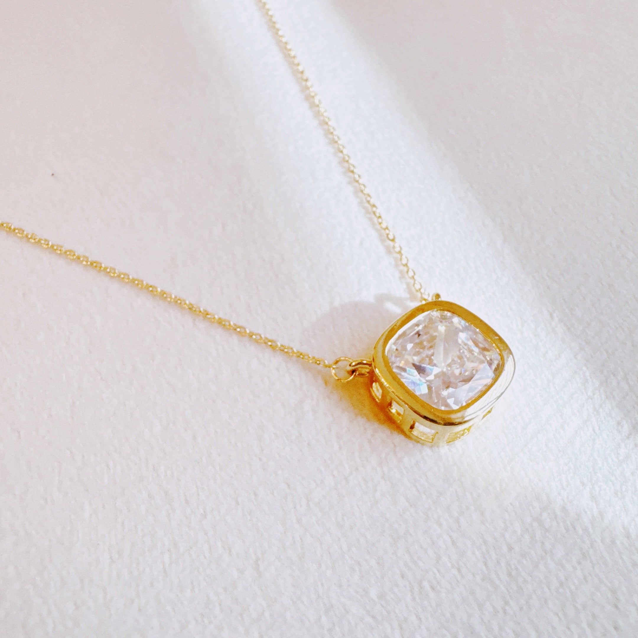 Cushion Cut Bezel Diamond Necklace - sparkling cushion cut pendant on gold chain