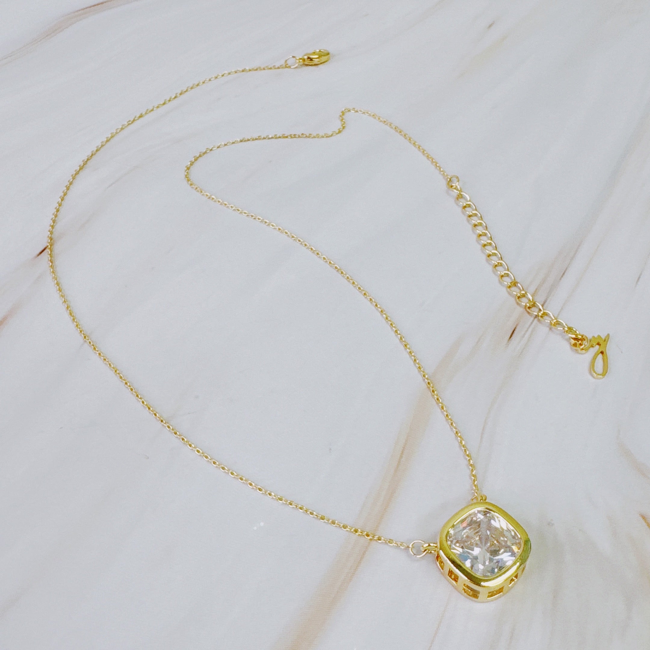 Cushion Cut Bezel Diamond Necklace - styled on model