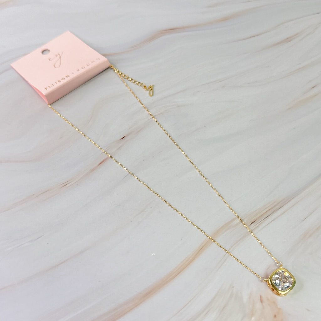 Cushion Cut Bezel Diamond Necklace - layered with other necklaces