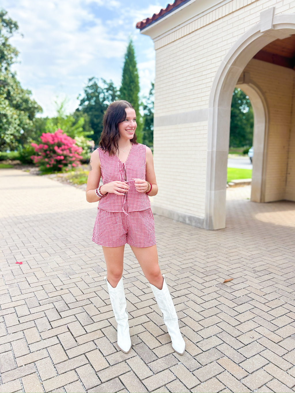 Tied Plaid V-Neck Vest and Shorts Set