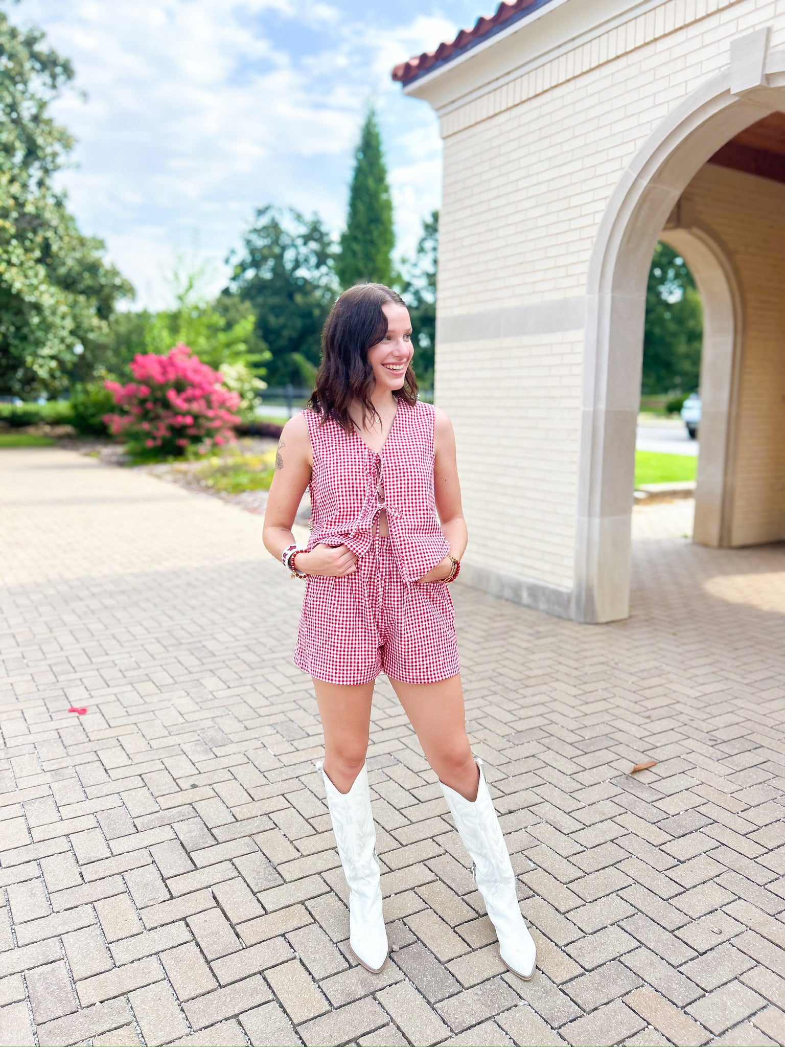Tied Plaid V-Neck Vest and Shorts Set