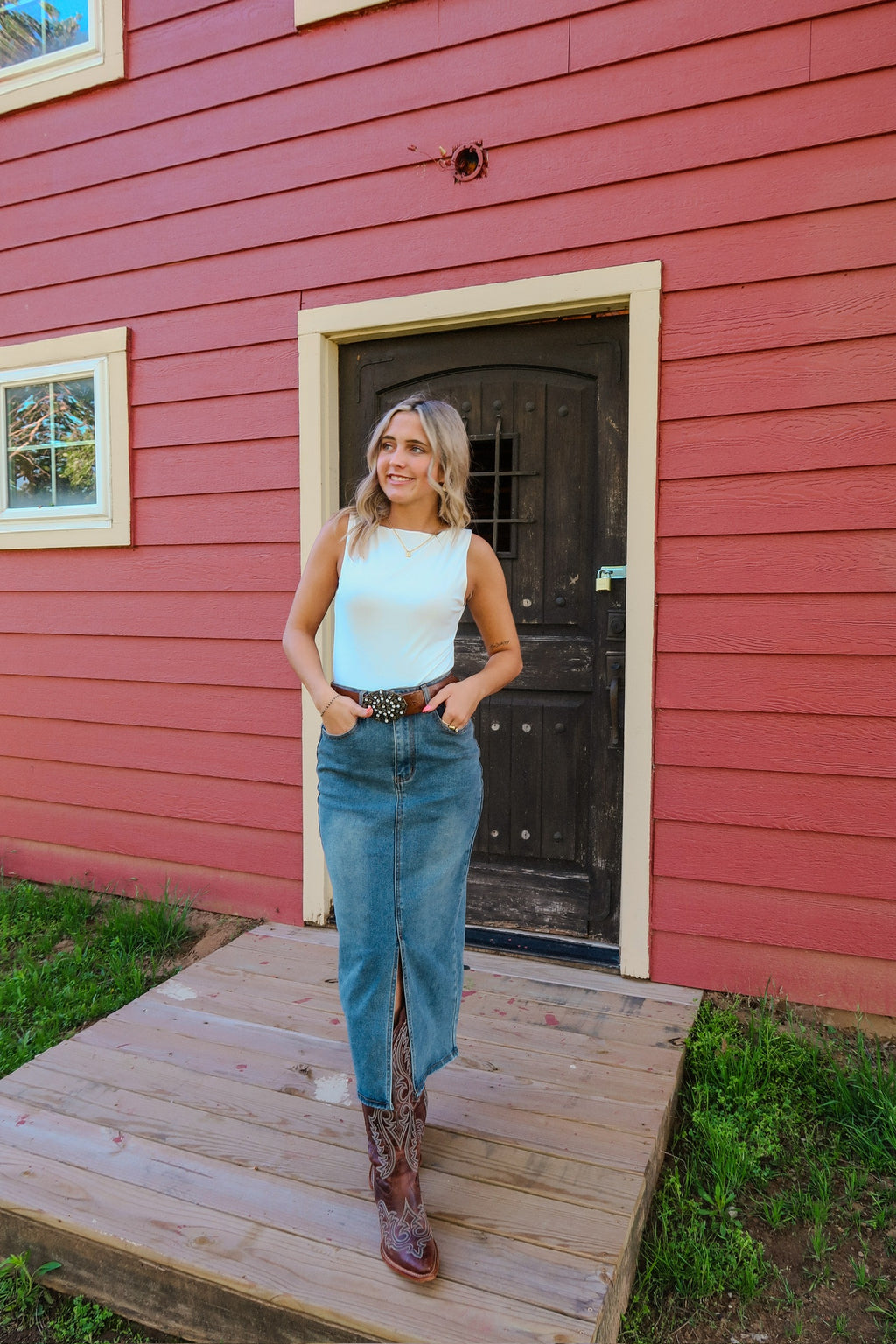 Slit Front Denim Skirt