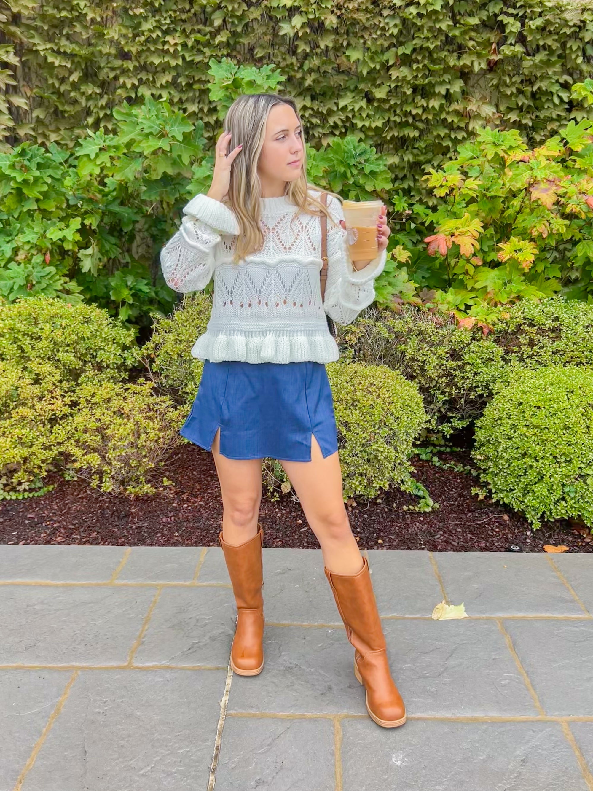 Crochet Ruffled Hem Long Sleeve Sweater