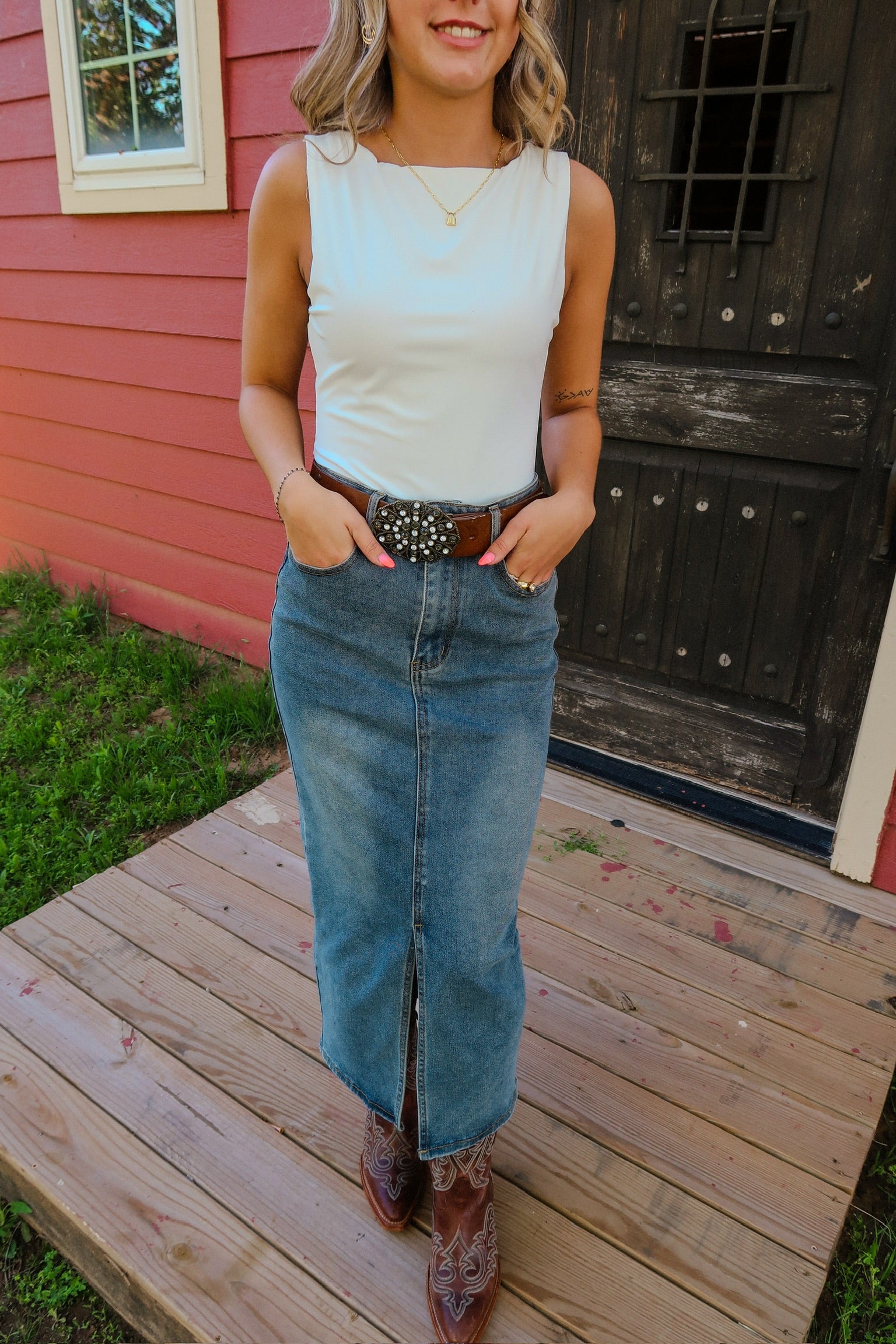 Slit Front Denim Skirt