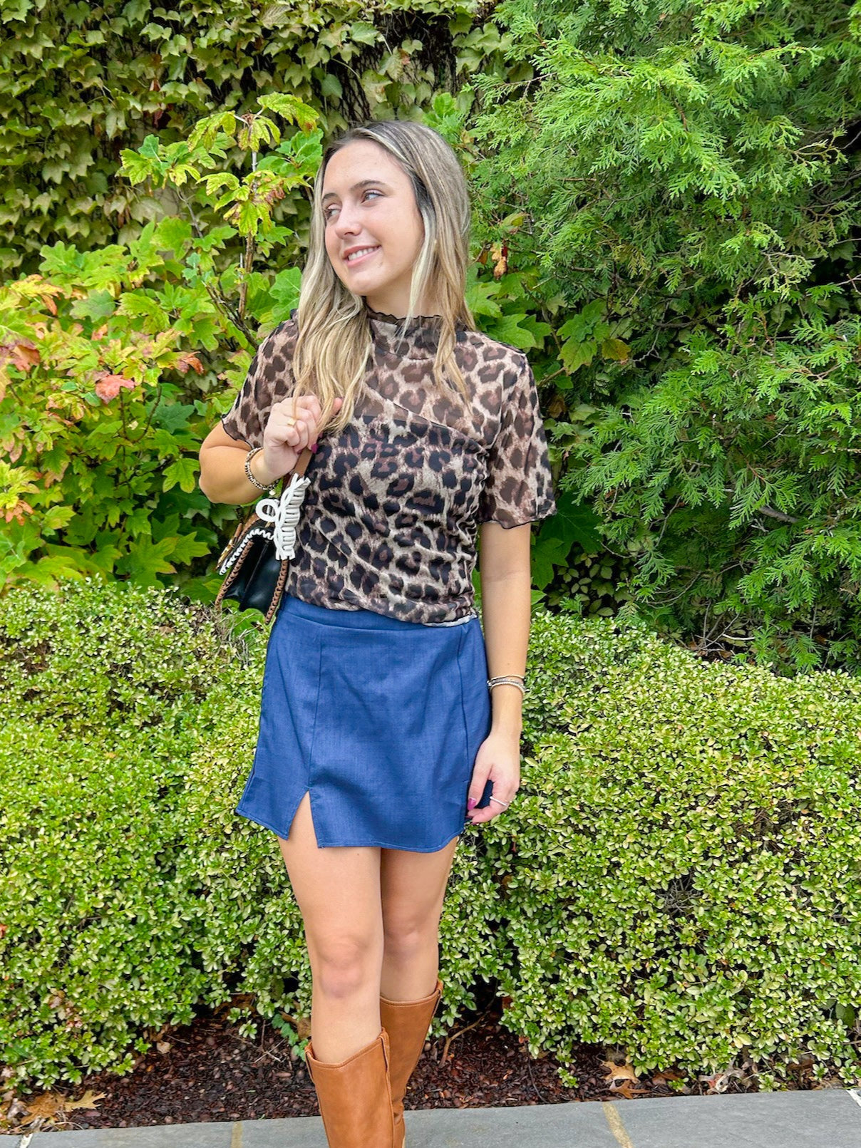High Neck Leopard Mesh Short Sleeves Top
