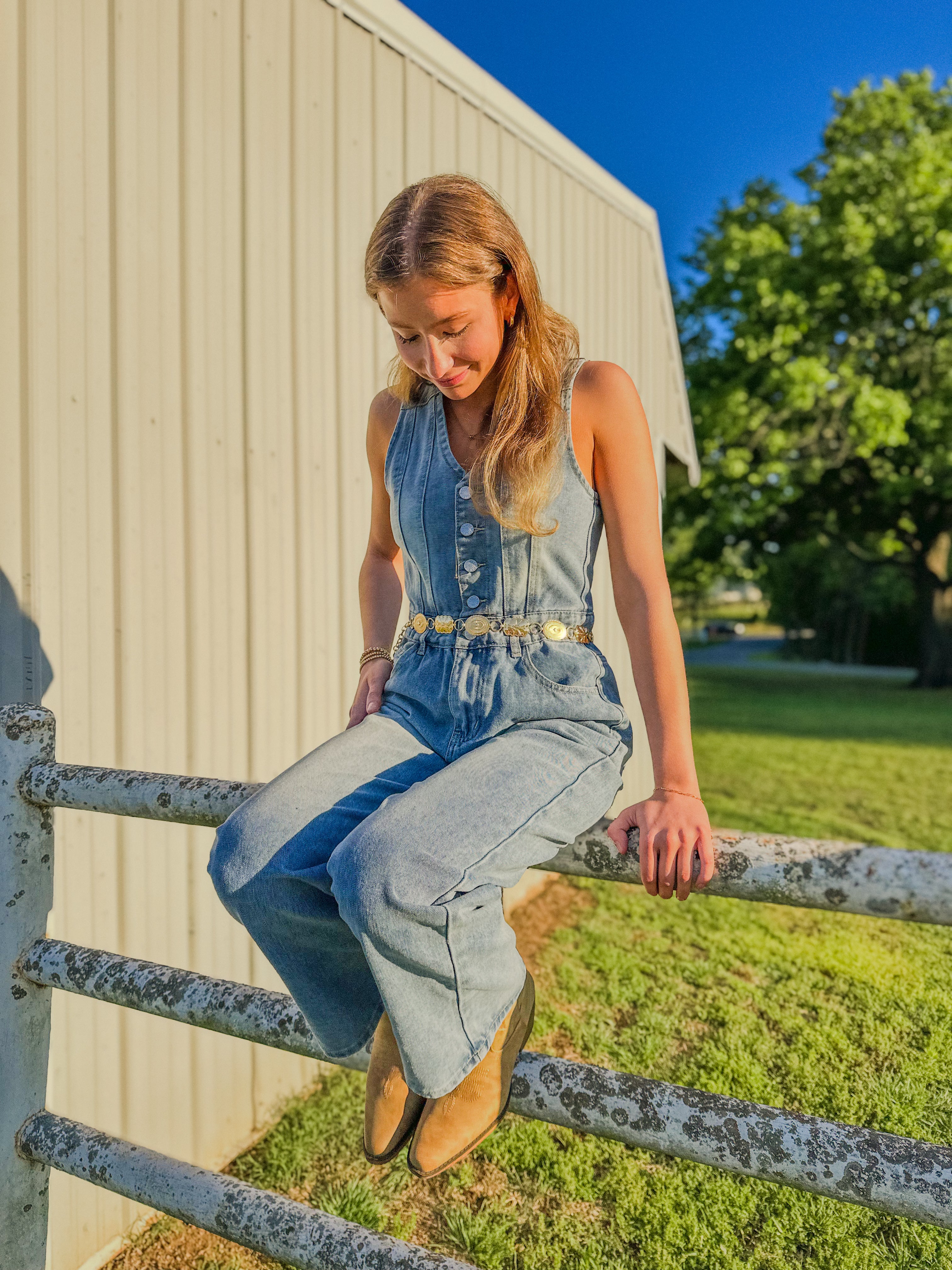 V-neck Wide Leg Denim Jumpsuit