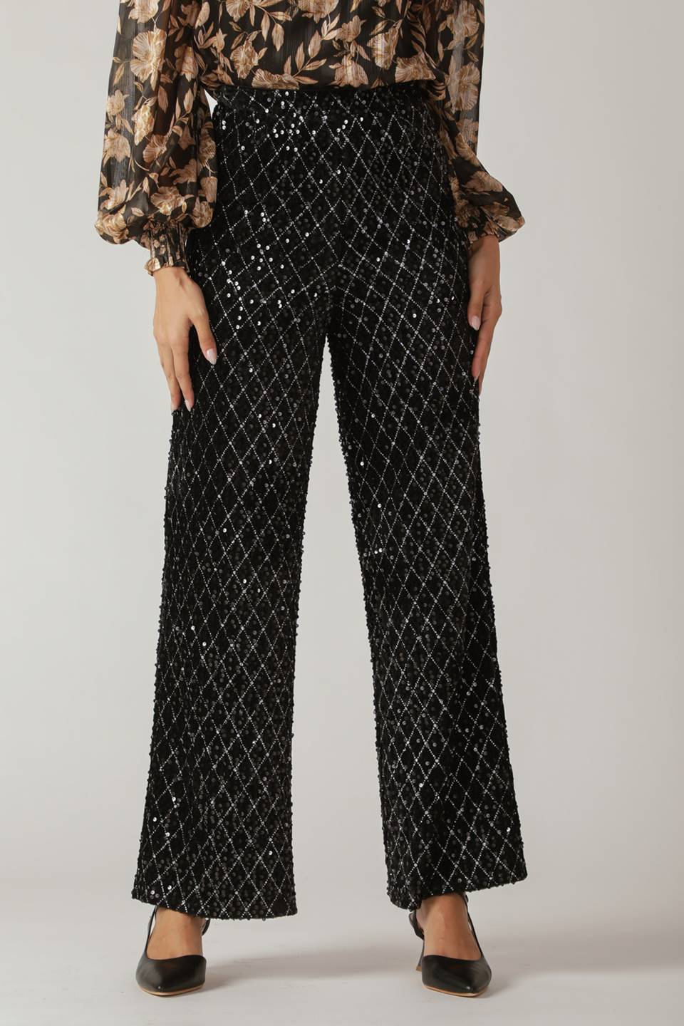 Black sequin wide-leg pants - view 2