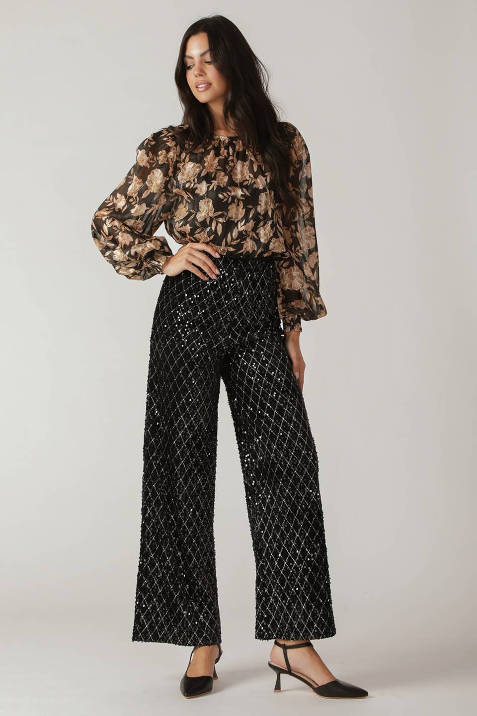 Black sequin wide-leg pants - view 1