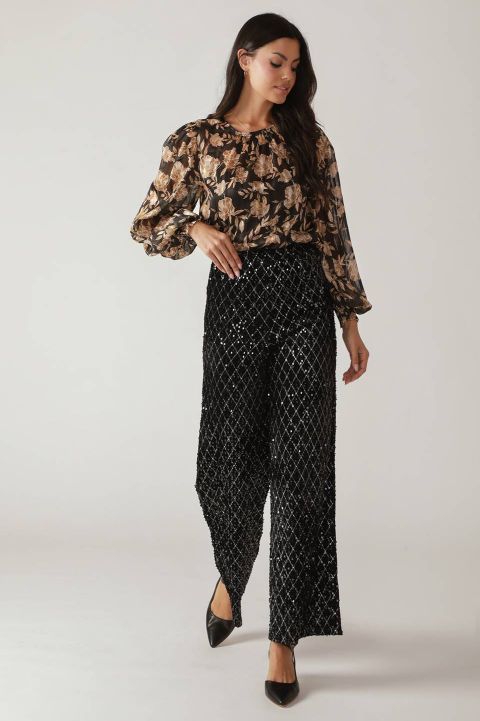 Black sequin wide-leg pants - view 3