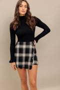 Scalloped Plaid Skort in black and taupe, front view