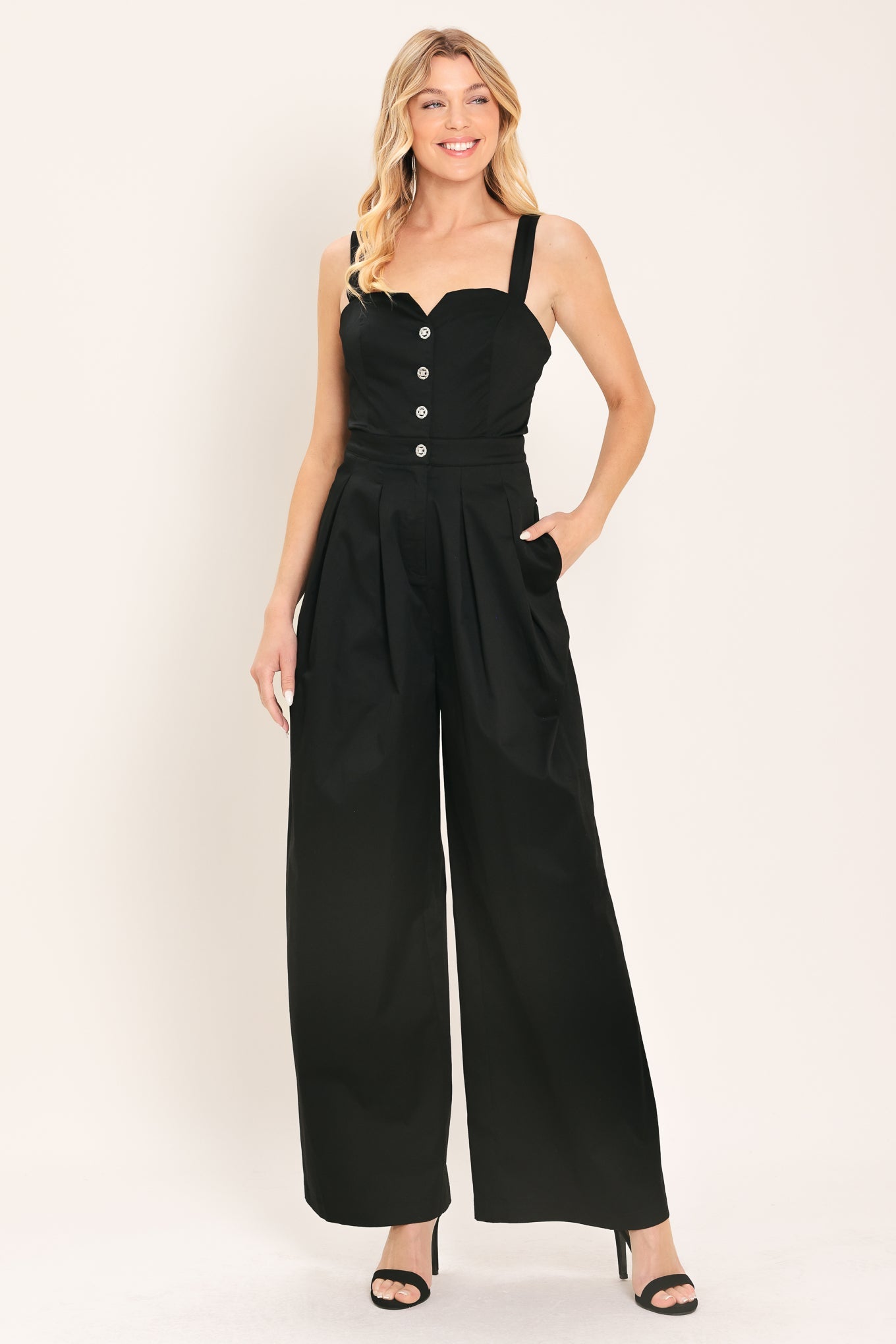 Woven jumpsuit with V cutout neckline and wide-leg silhouette