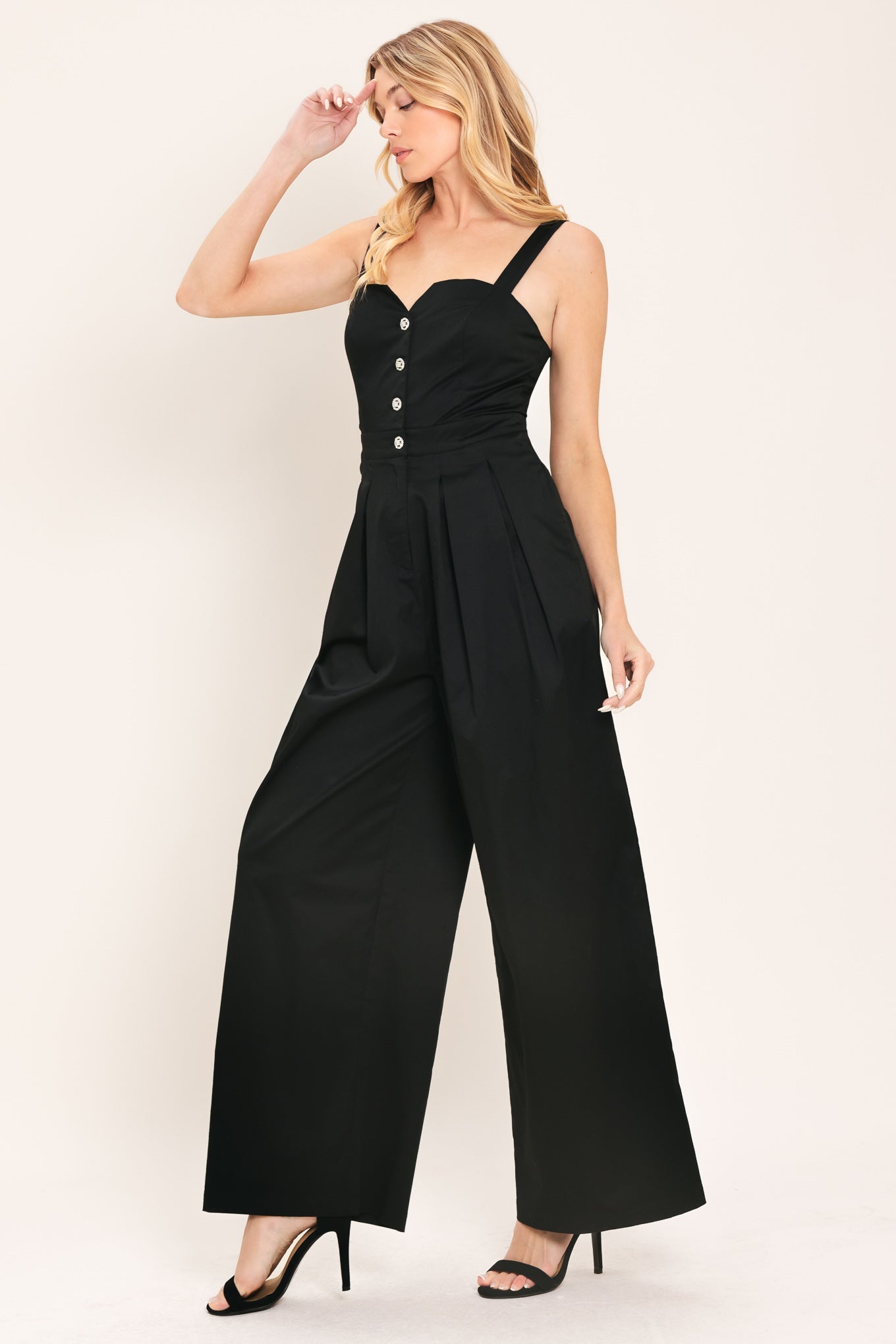 Black Tie Romance Woven Jumpsuit, 92% polyester 8% spandex