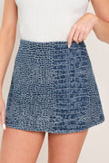 Croco Chic Denim Skort in Indigo Denim - front view showing croco texture