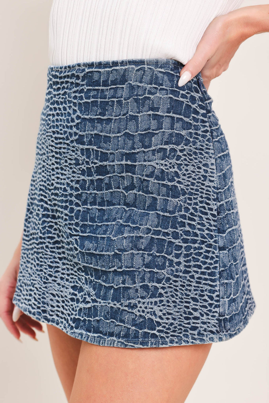 Croco Chic Denim Skort in Indigo Denim - side view