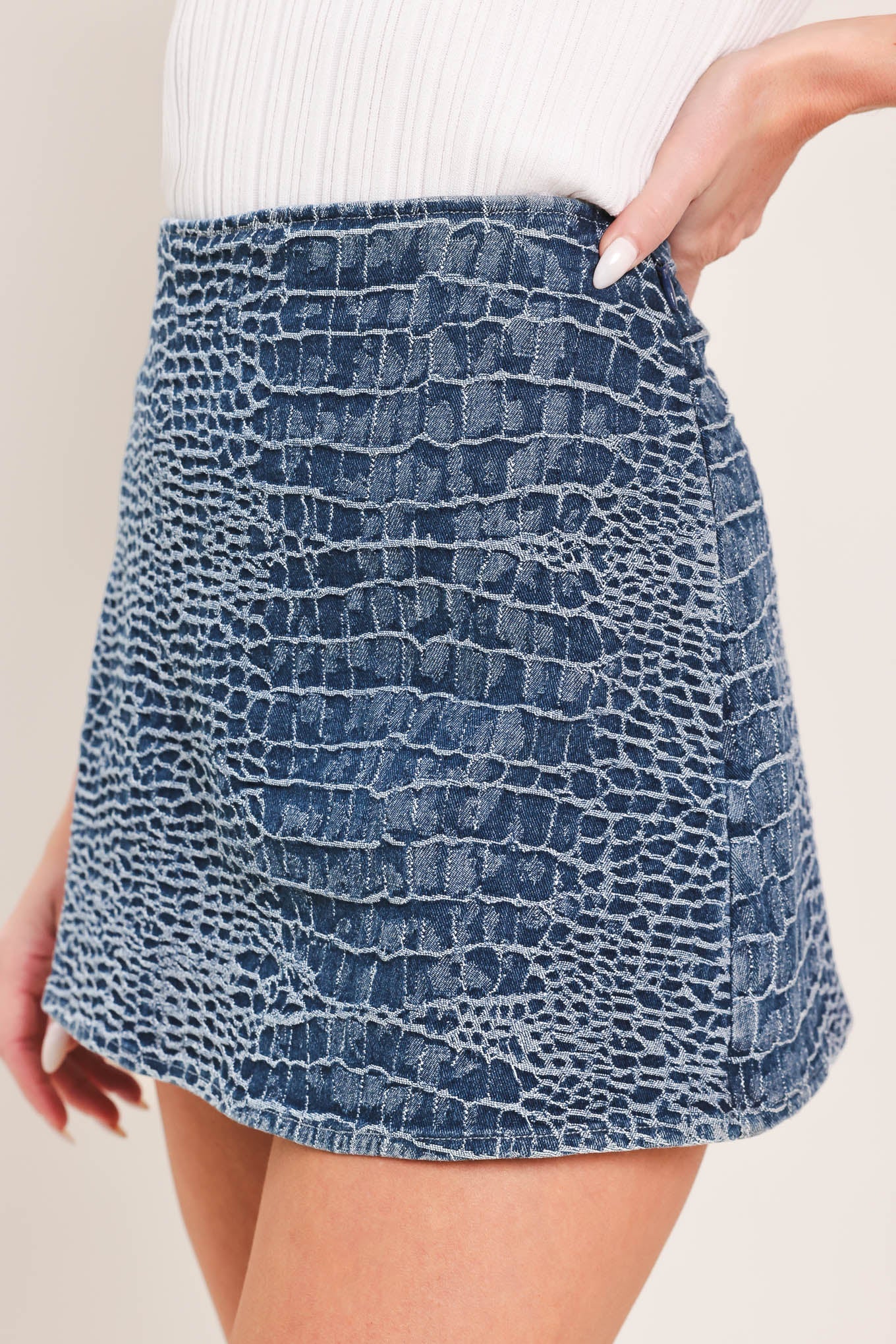 Croco Chic Denim Skort in Indigo Denim - side view