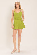 Wine Country Woven Romper - close up of printed fabric and tailored detail