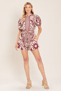 Provence Weekend Woven Romper in Burgundy - front view showing round neckline and printed fabric