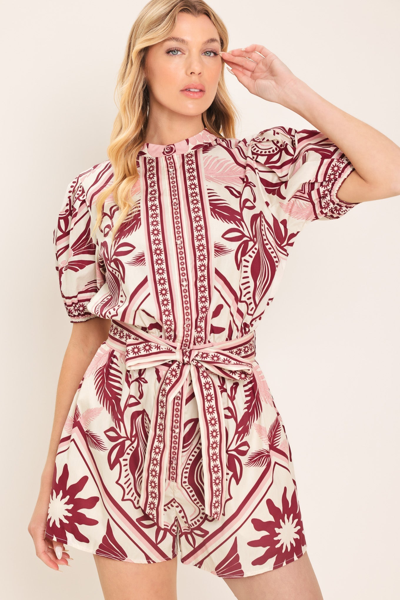 Provence Weekend Woven Romper in Burgundy - back view