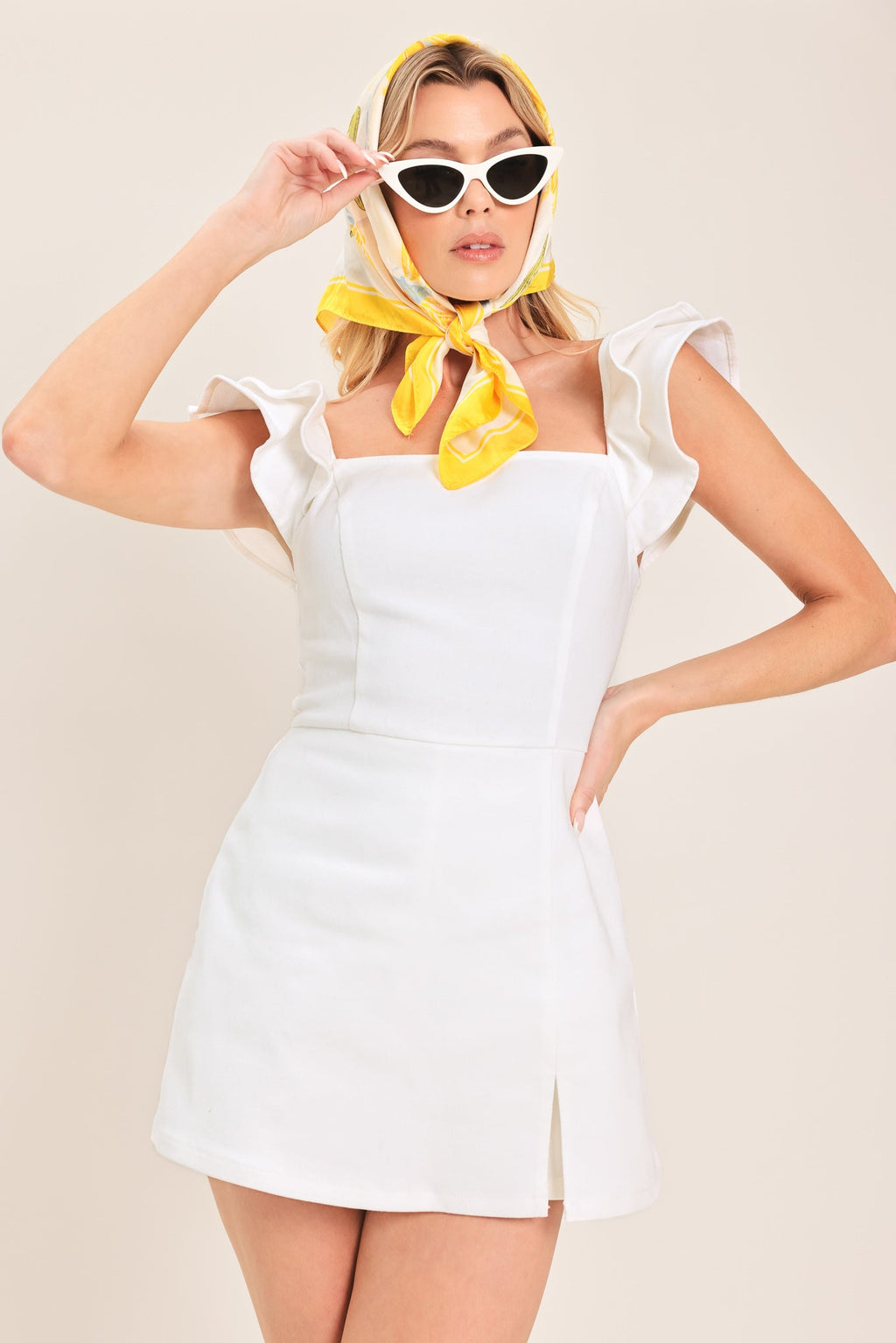 Champagne & Pearls Woven Romper - square neck ruffle sleeve romper, view 1