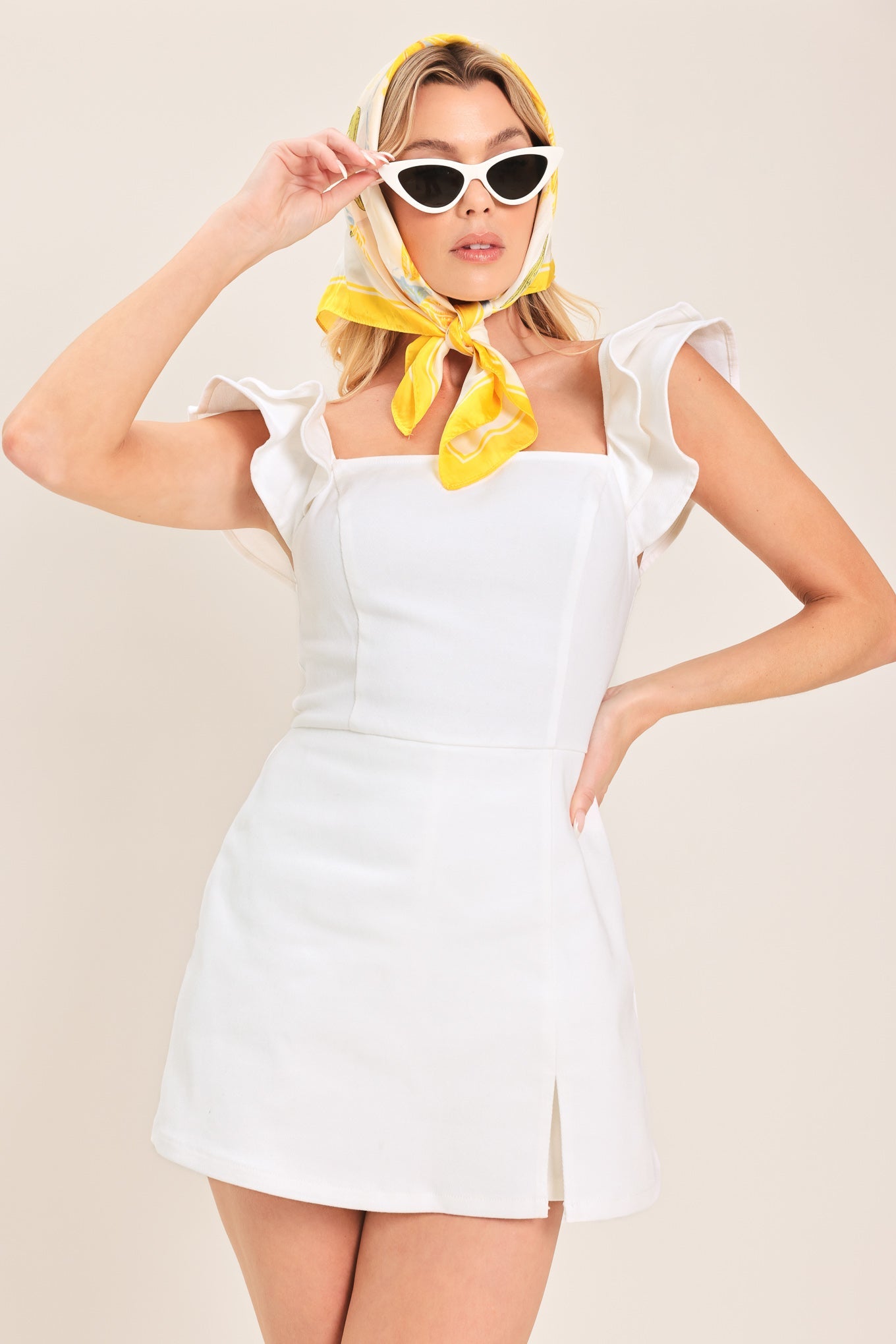 Champagne & Pearls Woven Romper - square neck ruffle sleeve romper, view 1