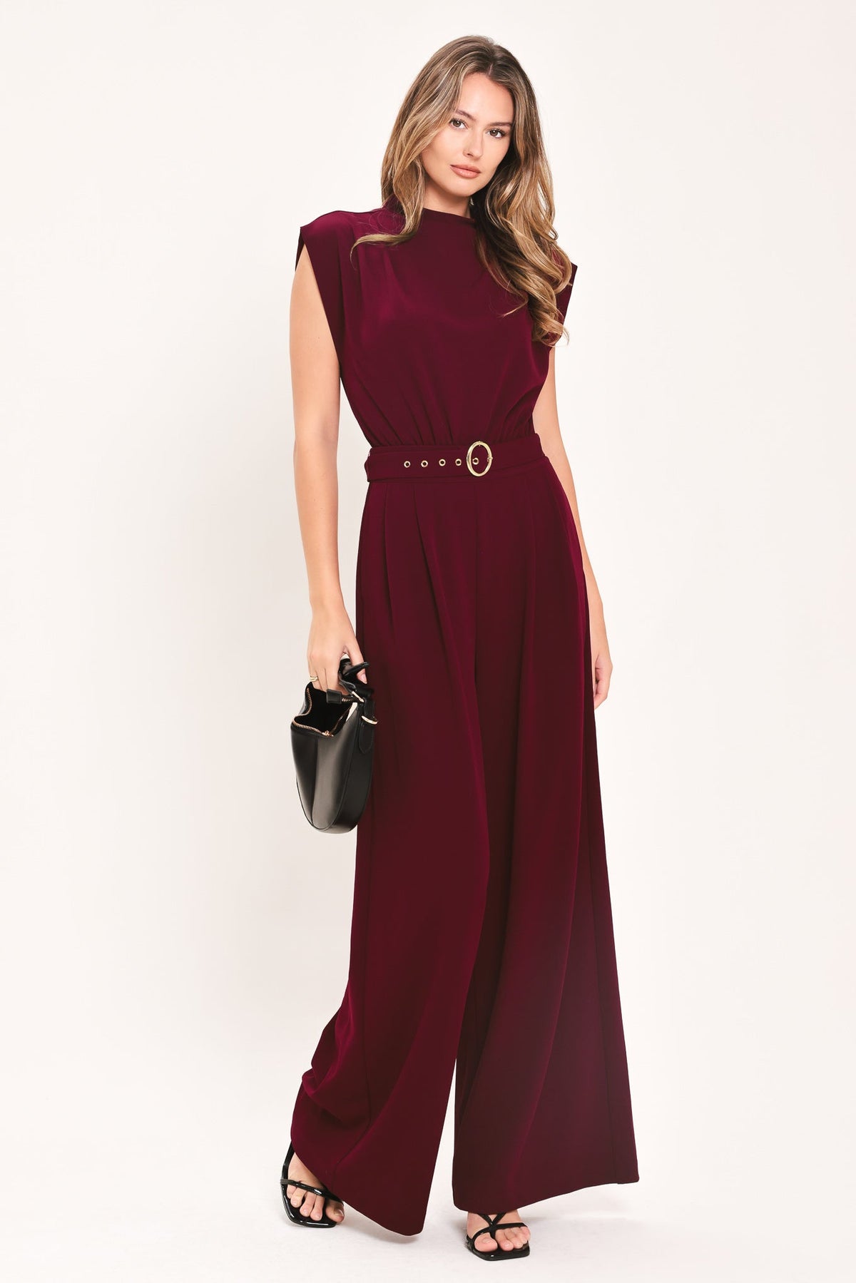 Dark Cherry Column Woven Jumpsuit - front view