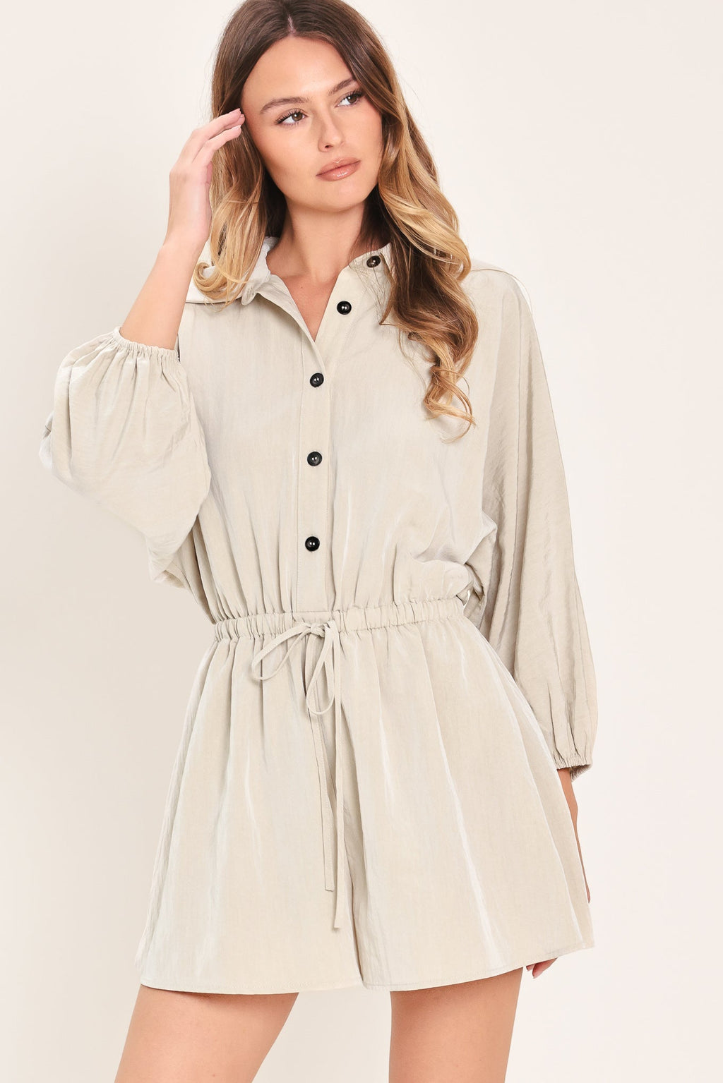 Resort Ready Woven Romper in Stone - front view showing collared neckline