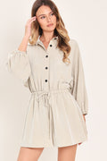 Resort Ready Woven Romper in Stone - front view showing collared neckline
