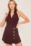 Redbean cabernet kiss woven romper with halter collar