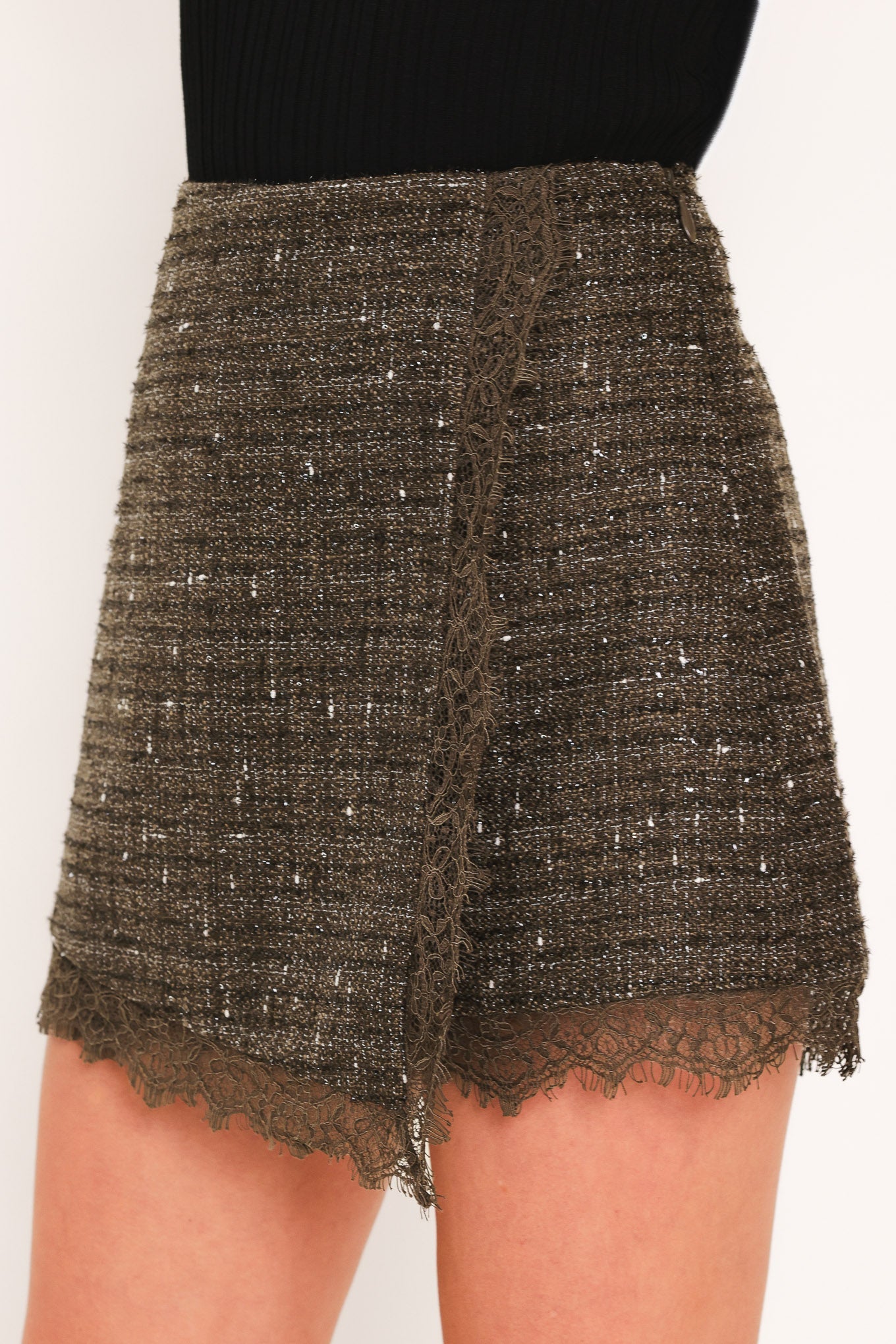 Dark Champagne Tweed Skort in dark khaki, lace trim detail