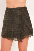 Dark Champagne Tweed Skort in dark khaki, worn