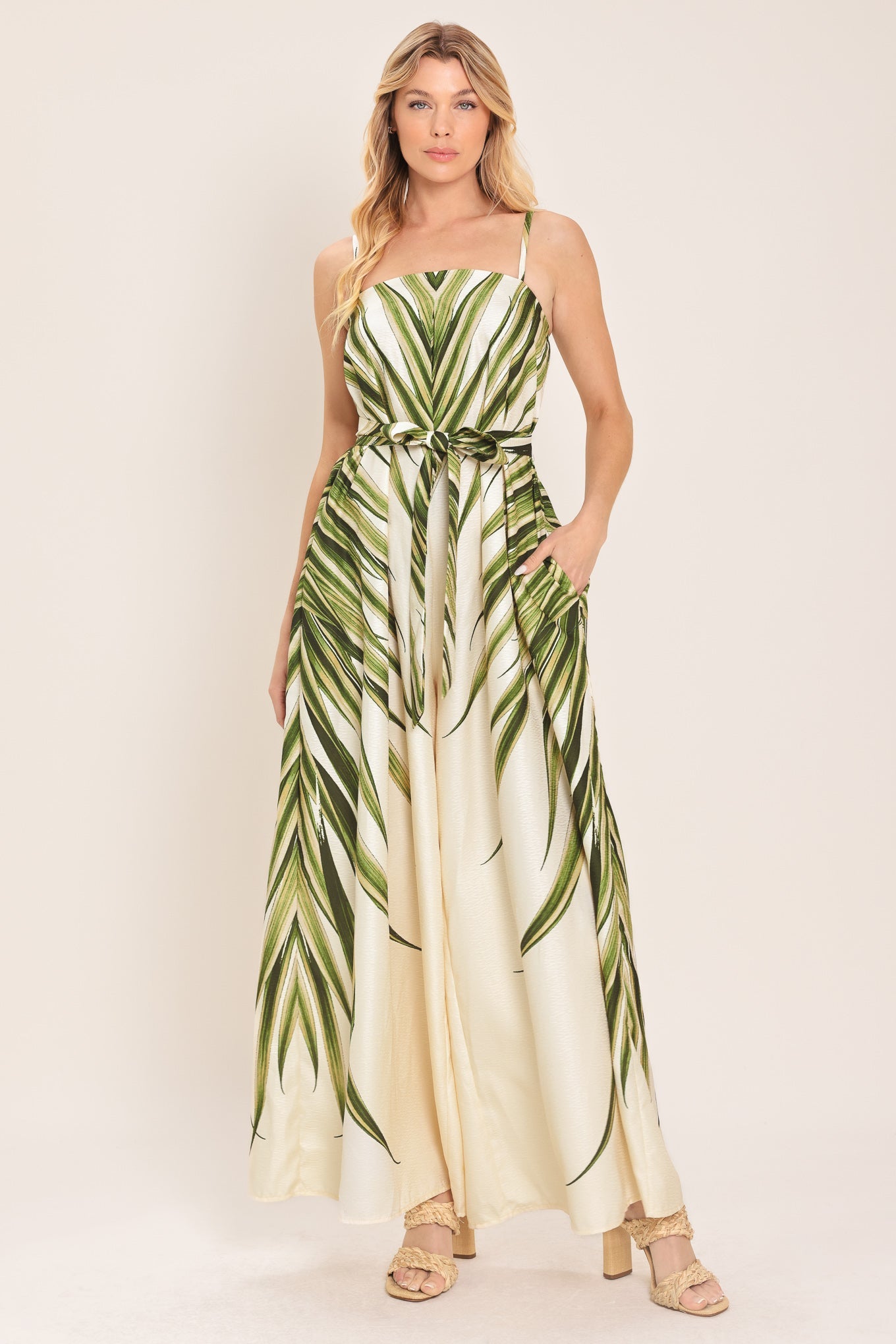 Printed jumpsuit with slender straps and self-tie waist