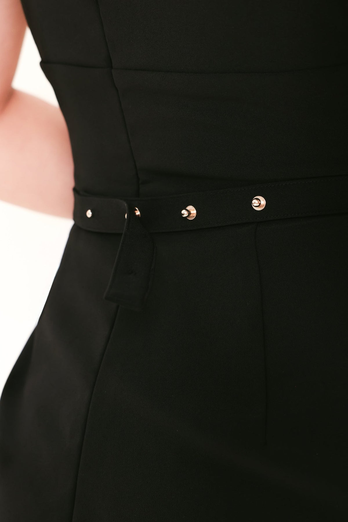 V-Neck Belted Woven Romper in black, worn