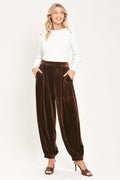 Brown Velvet Harem Pants in brown, front view