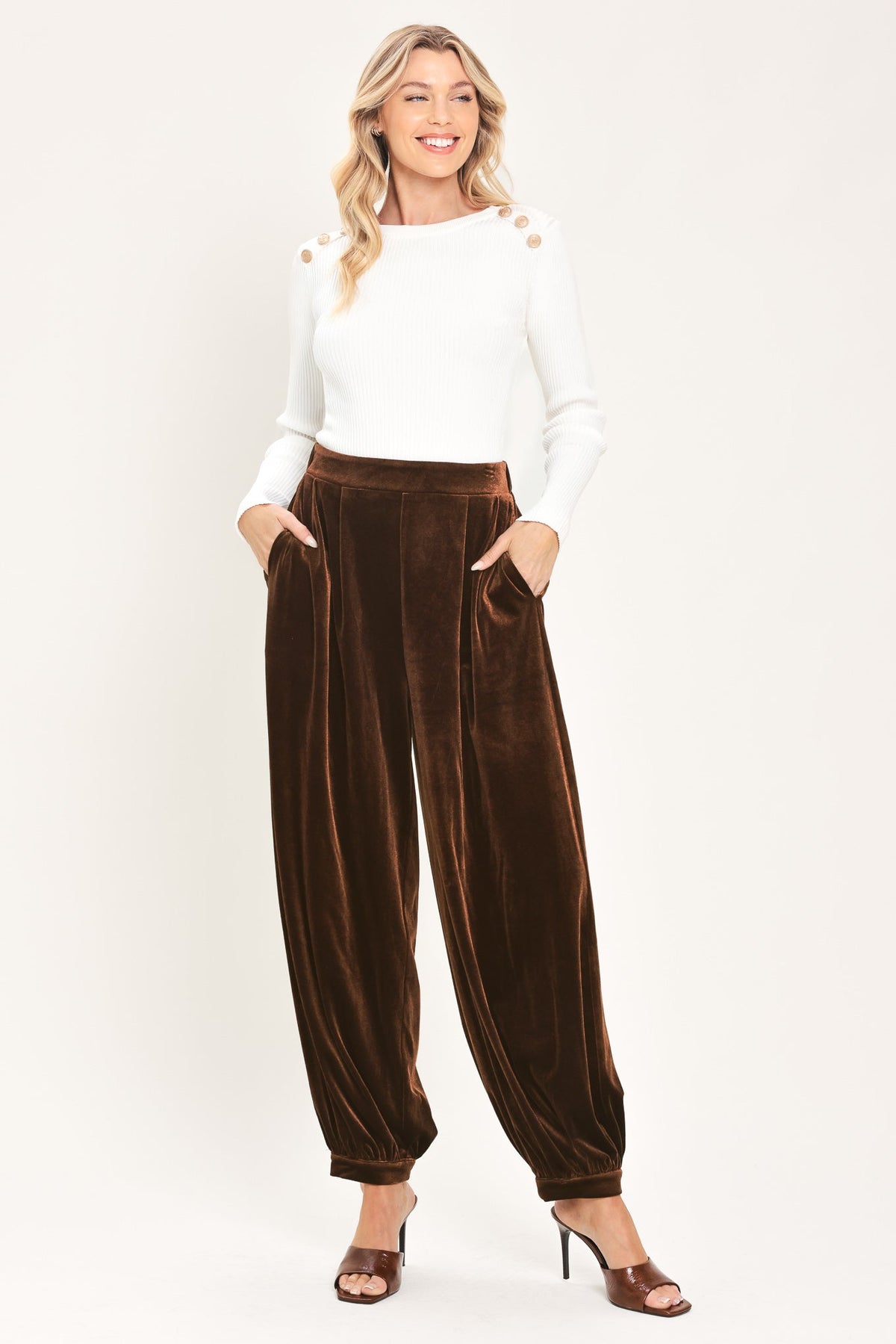 Brown Velvet Harem Pants in brown, front view