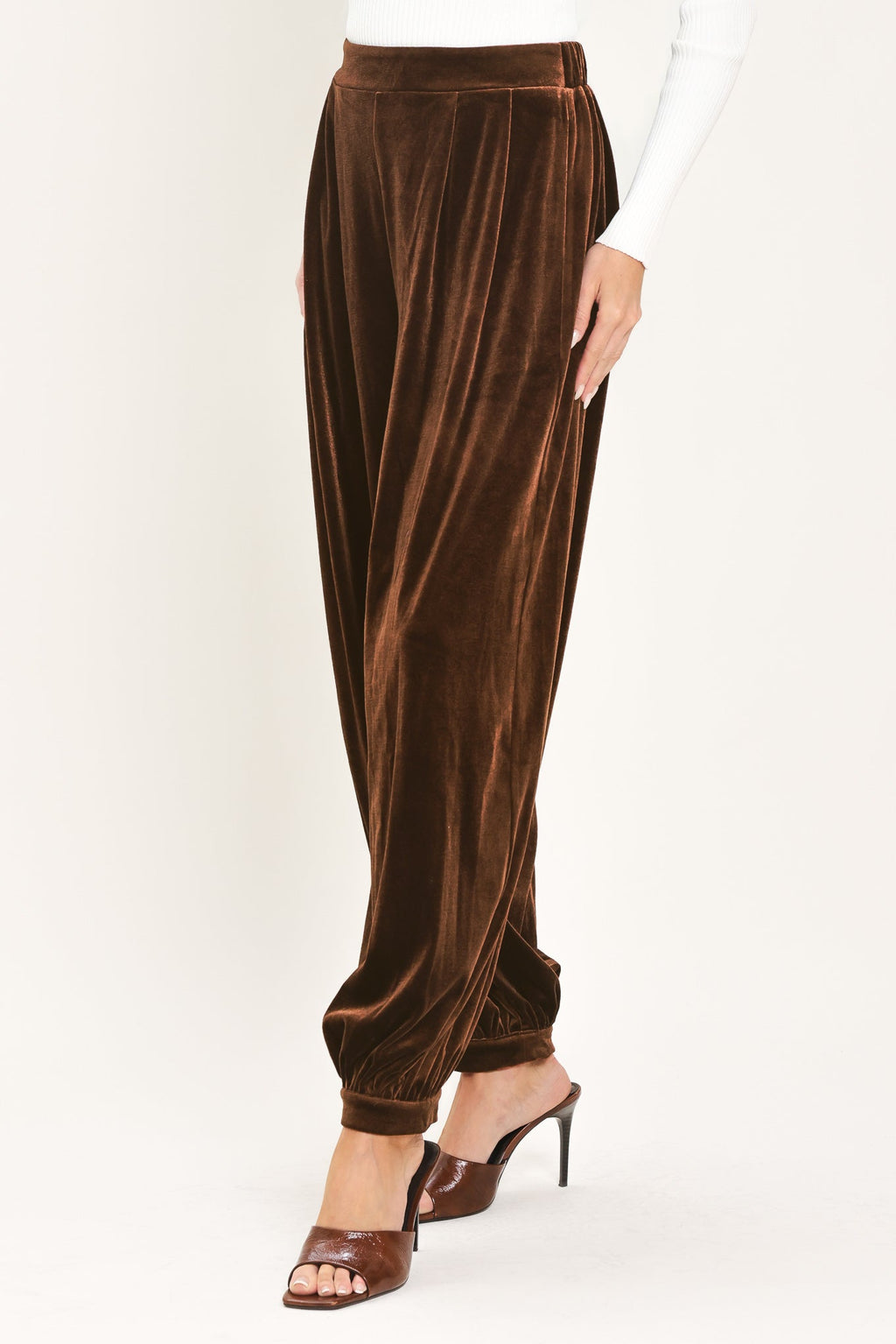 Brown Velvet Harem Pants in brown, side view