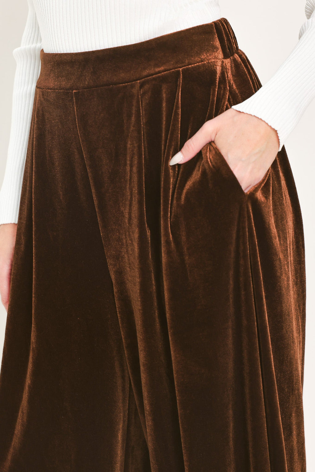 Brown Velvet Harem Pants in brown, close-up detail