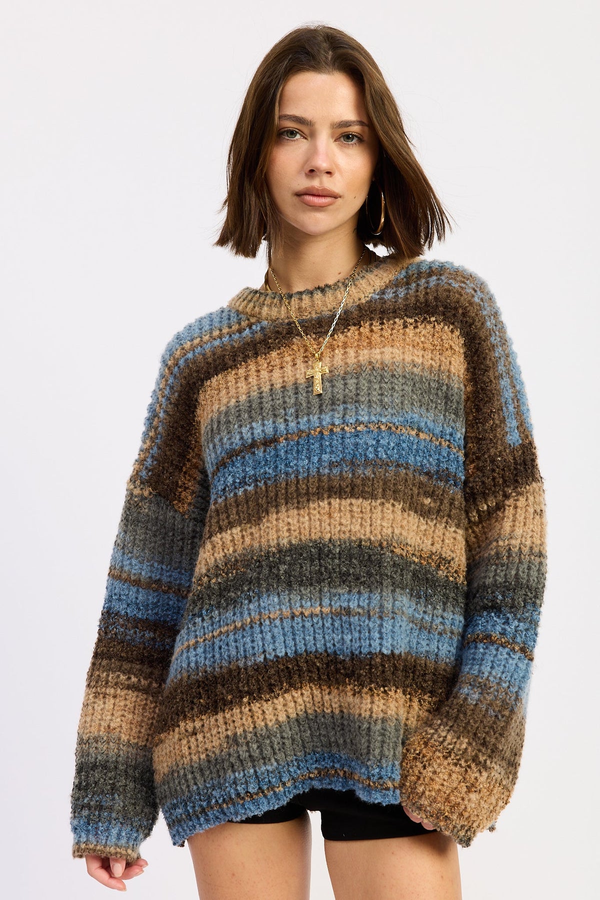 Oversized Knit Top in brown blue mix, front view