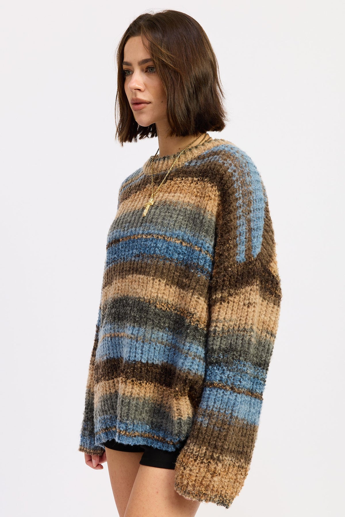 Oversized Knit Top in brown blue mix, detail
