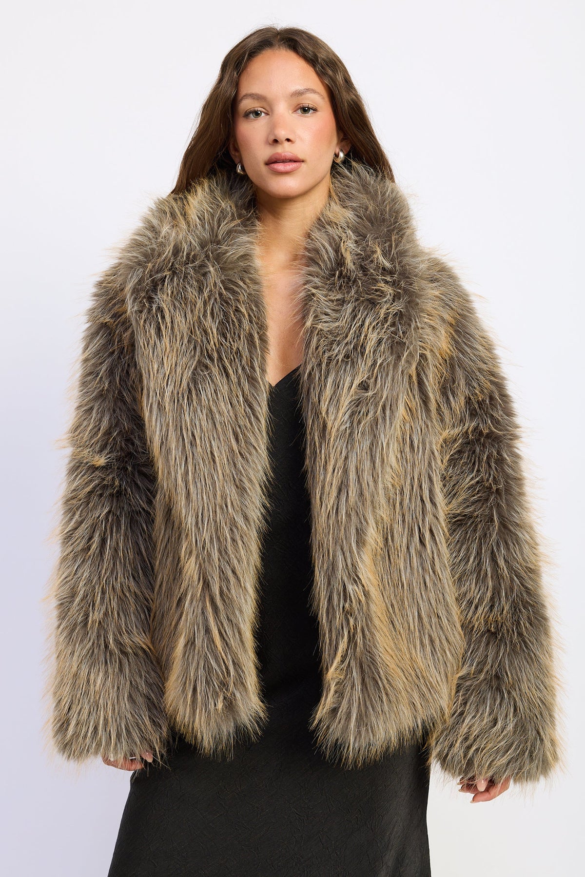 Oversized Faux Fur Jacket in khaki beige, front view