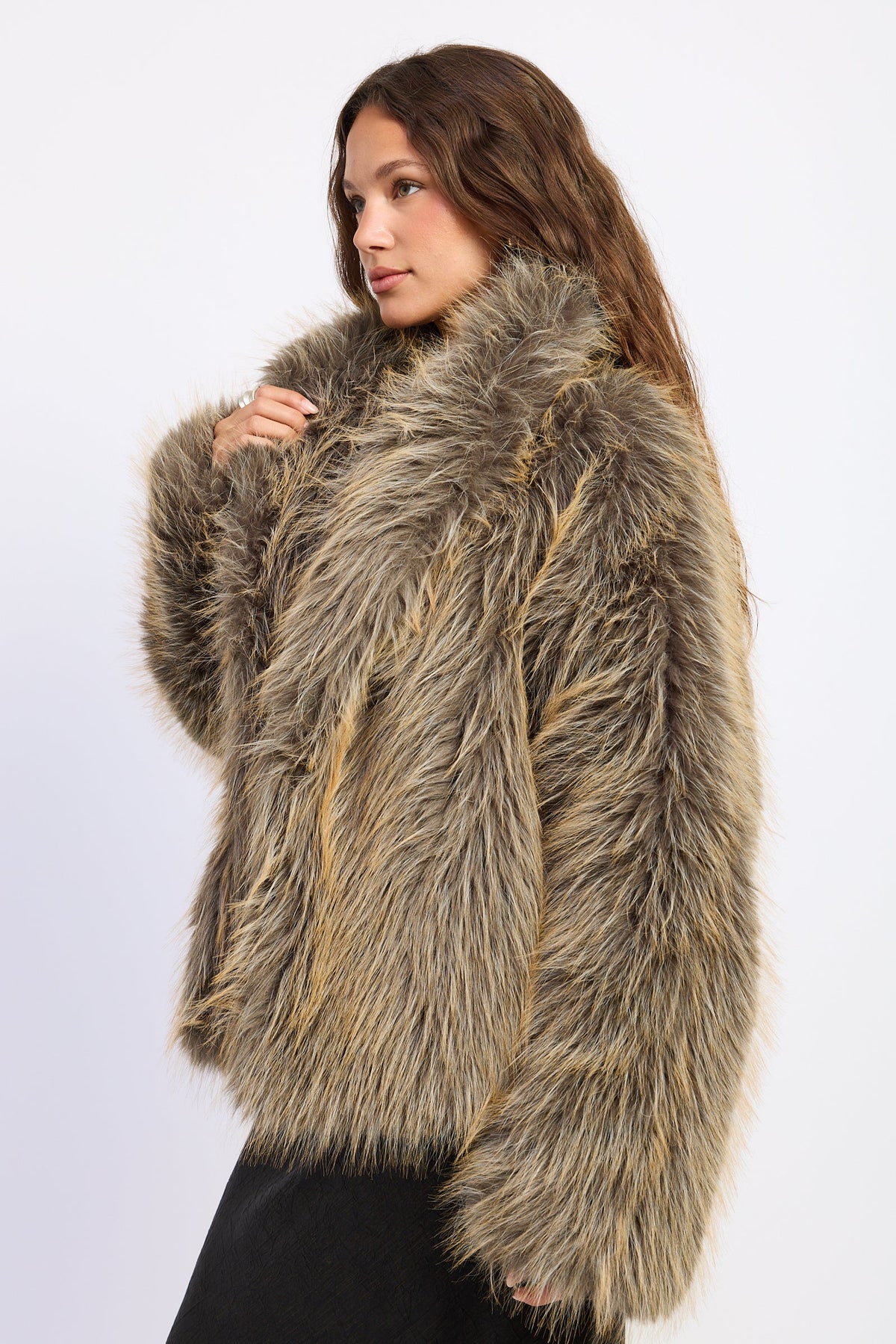 Oversized Faux Fur Jacket in khaki beige, side view