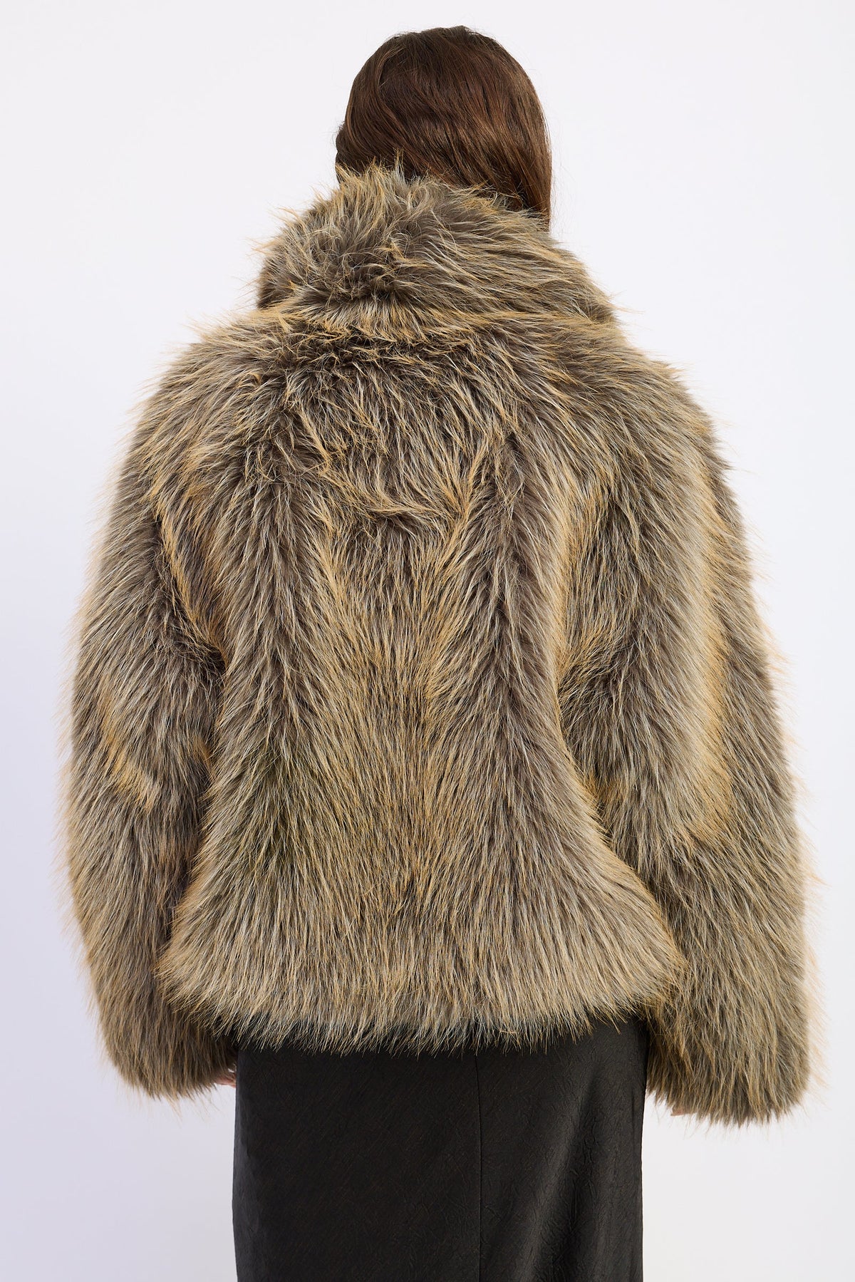 Oversized Faux Fur Jacket in khaki beige, styled view