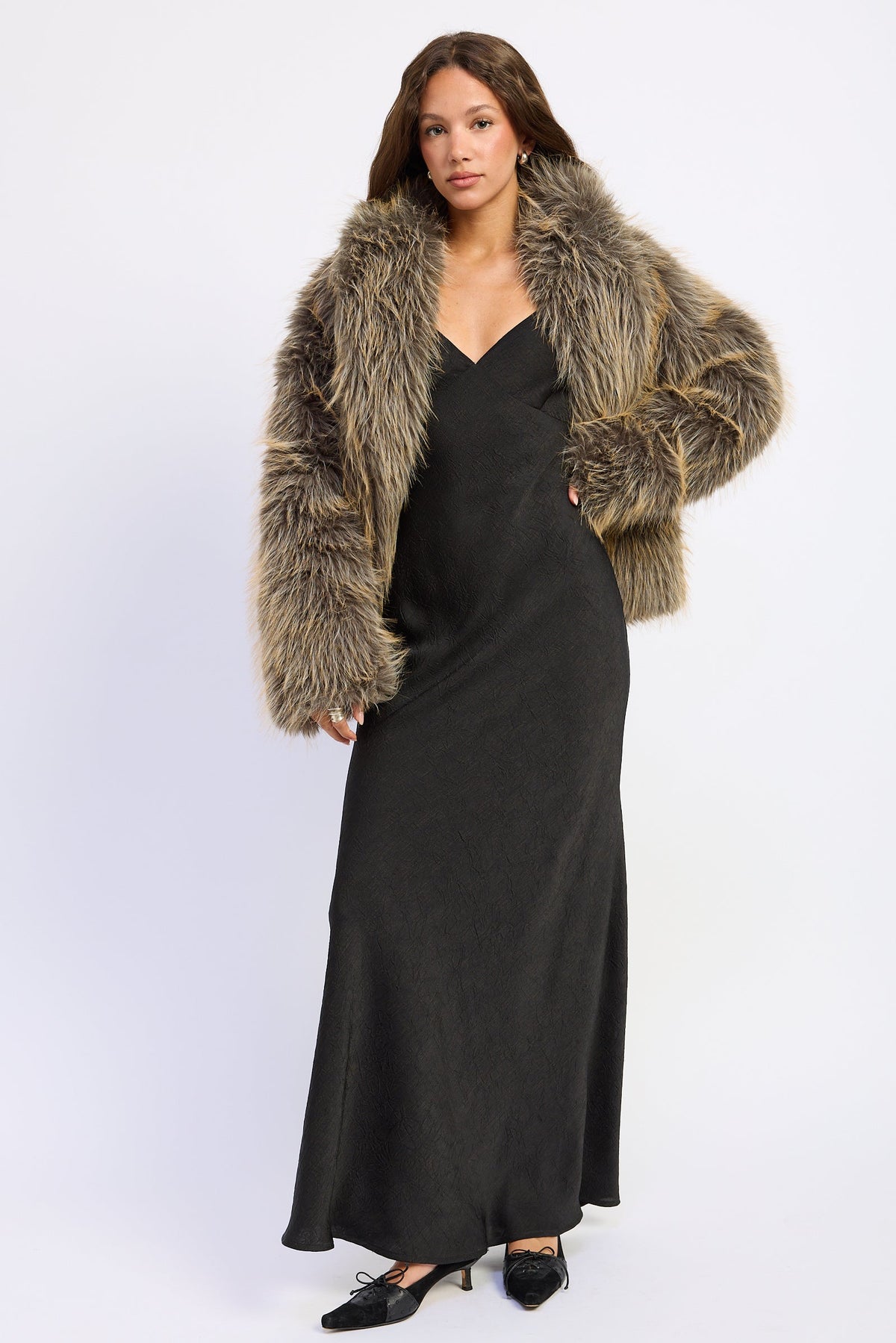 Oversized Faux Fur Jacket in khaki beige, back view