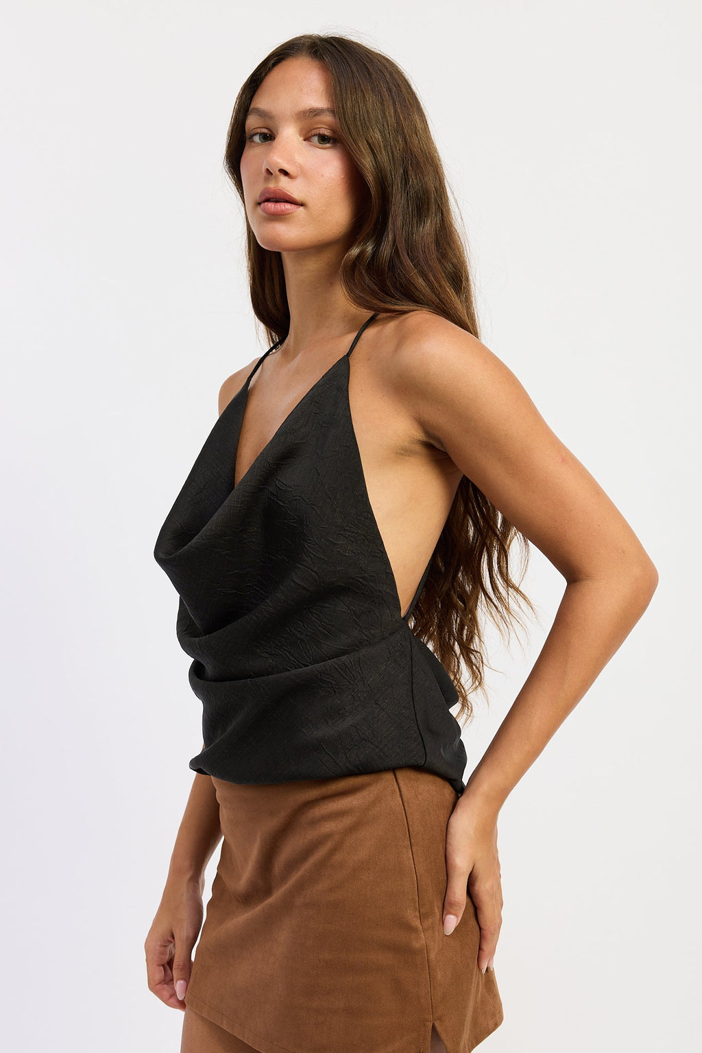 Satin Cowl Top in black, side view
