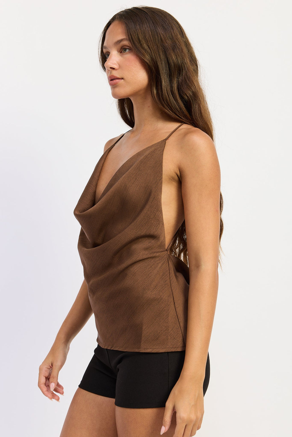 Satin Cowl Top in brown, side view