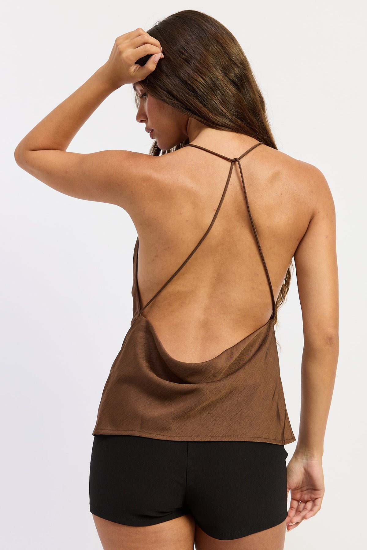 Satin Cowl Top in brown, close-up
