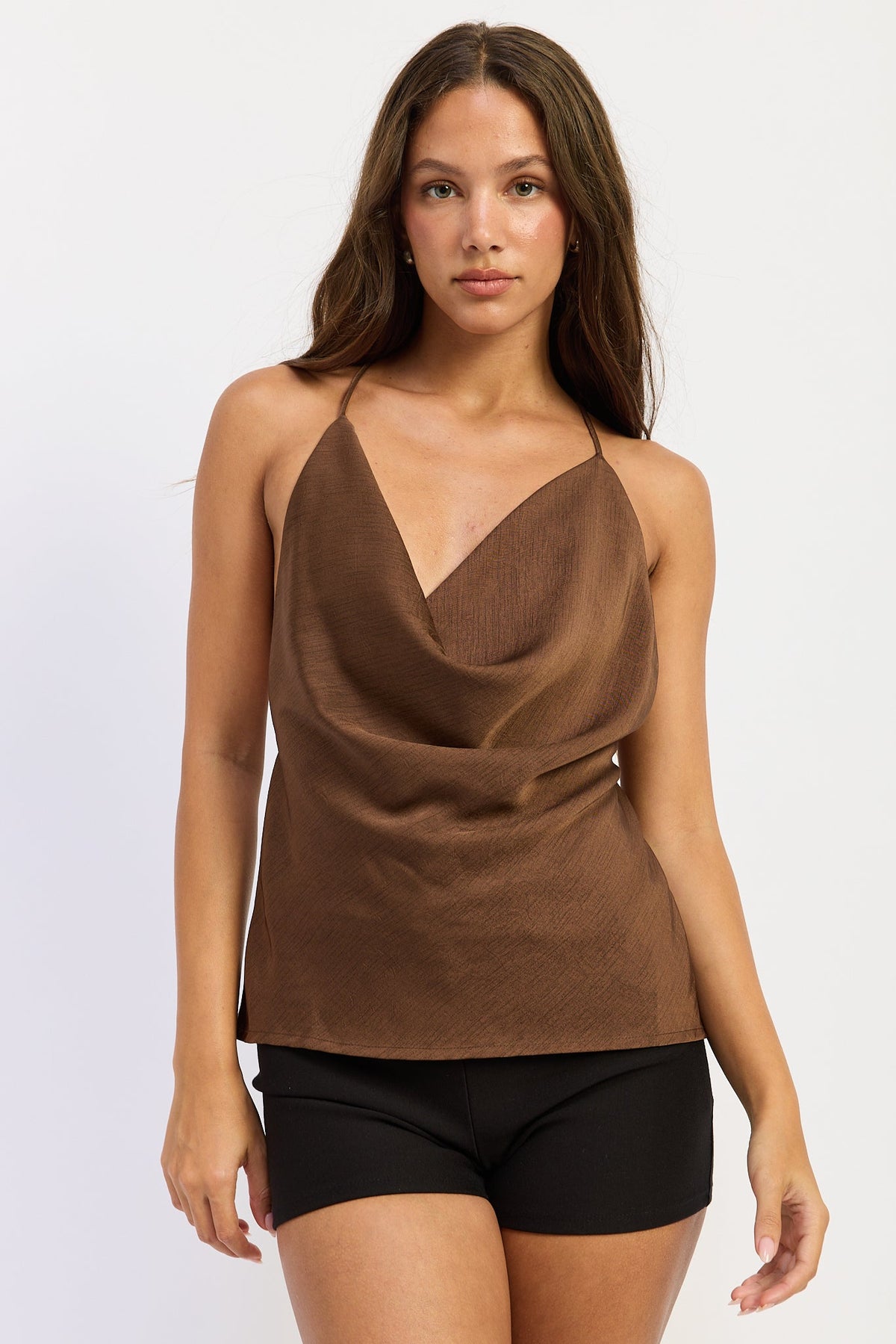 Satin Cowl Top in brown, worn