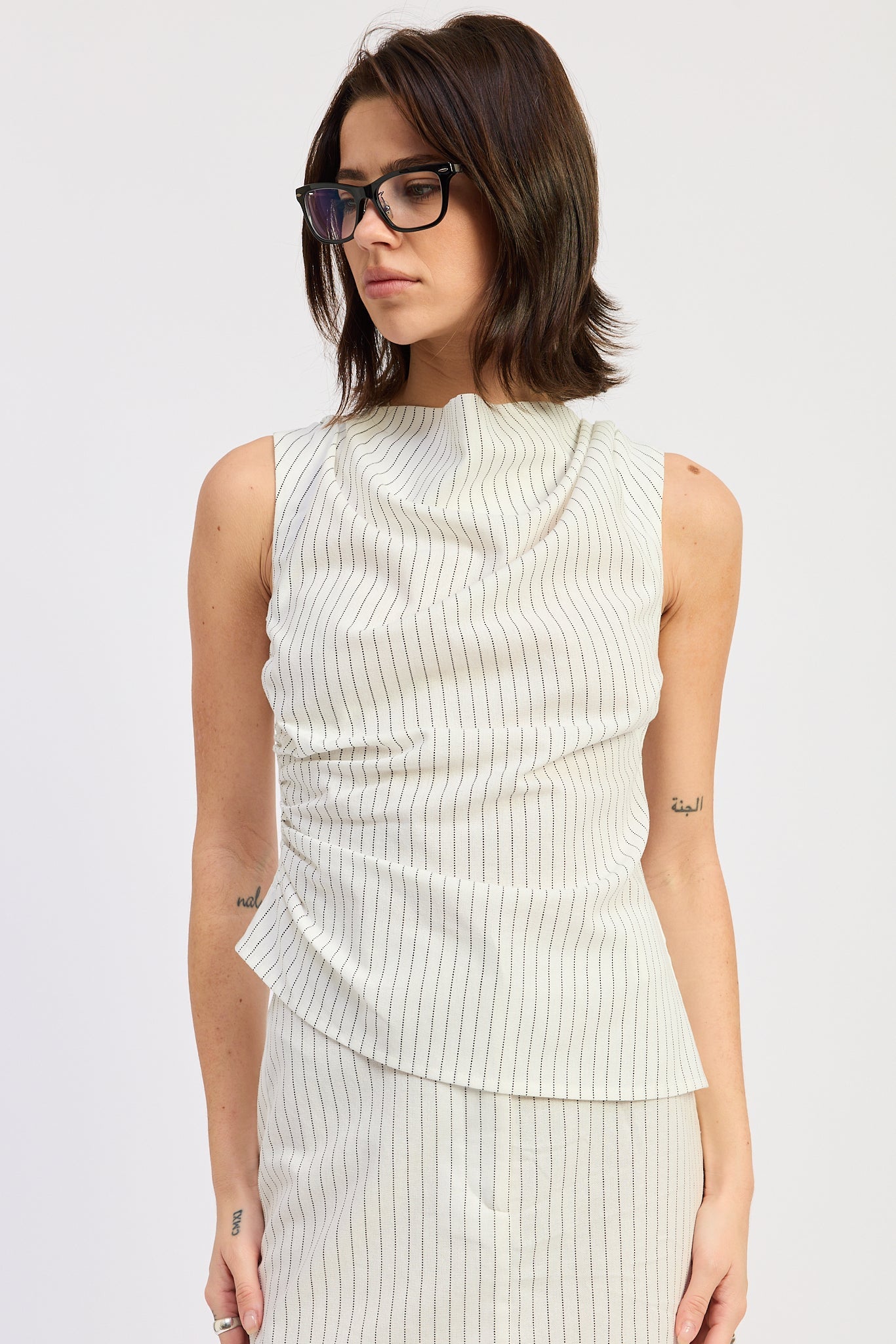 Olivia Top in Off White Black Stripe - front view showing sleeveless silhouette