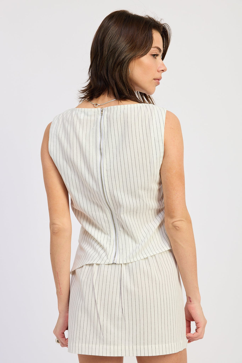Olivia Top in Off White Black Stripe - close up of back zipper