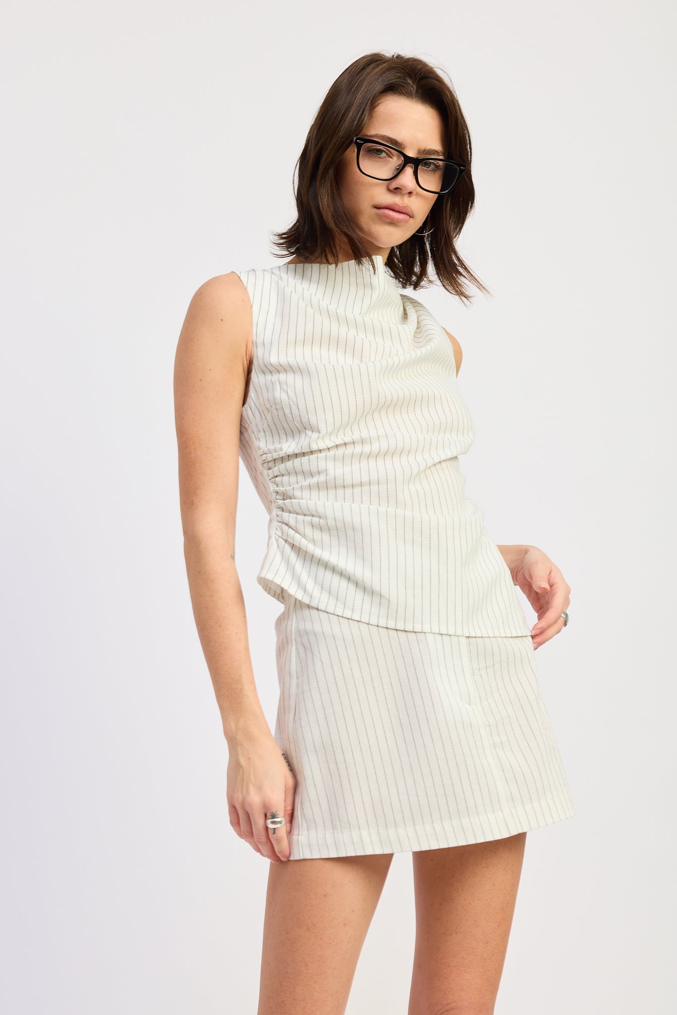 Olivia Top in Off White Black Stripe - styled outfit full length view