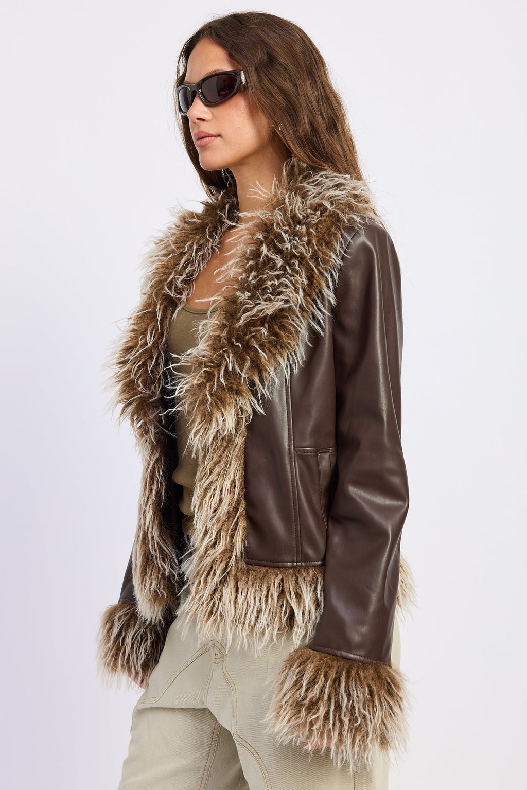Soraya faux leather fur trim jacket in burgundy and brown - view 6